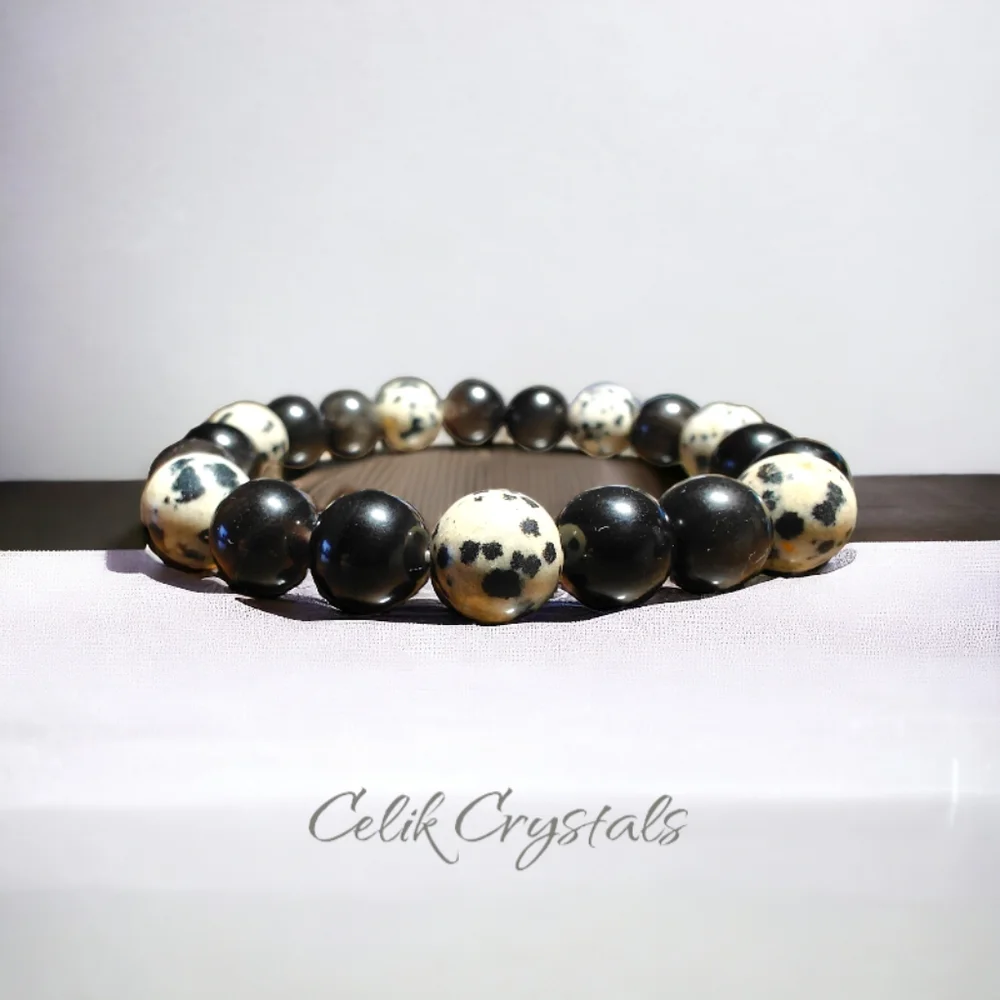 Silver Obsidian and Dalmatian Stone Bracelet 10mm Unisex - Picture 3 of 5